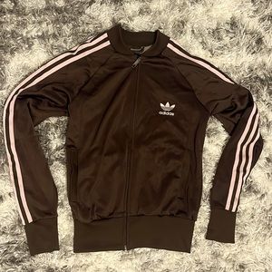 Adidas brown track jacket with pink detail